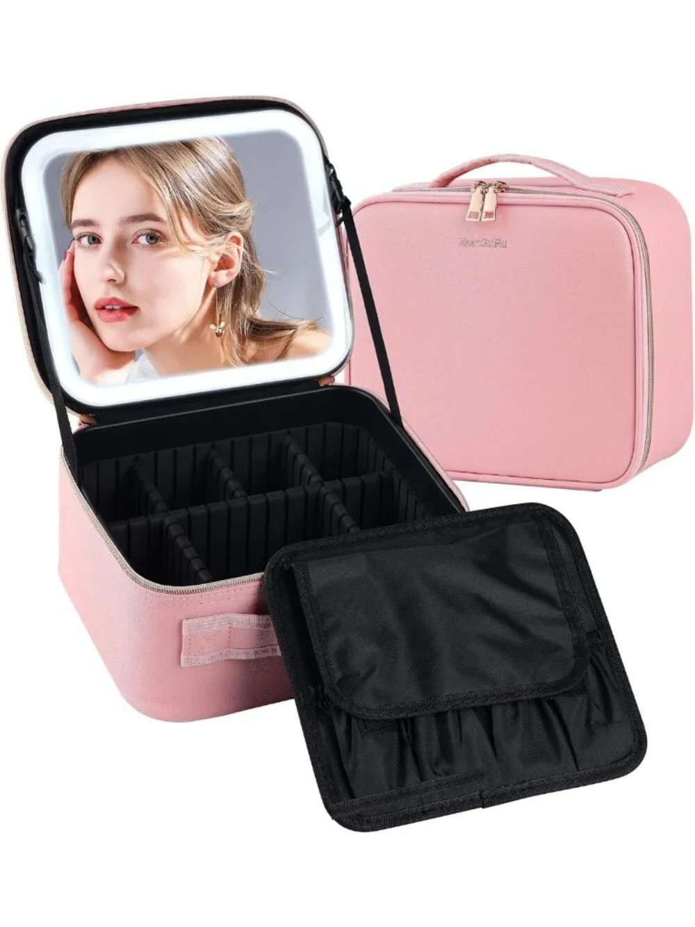 Large Pink Makeup Bag with Lighted Mirror, Portable Cosmetic Organizer Case